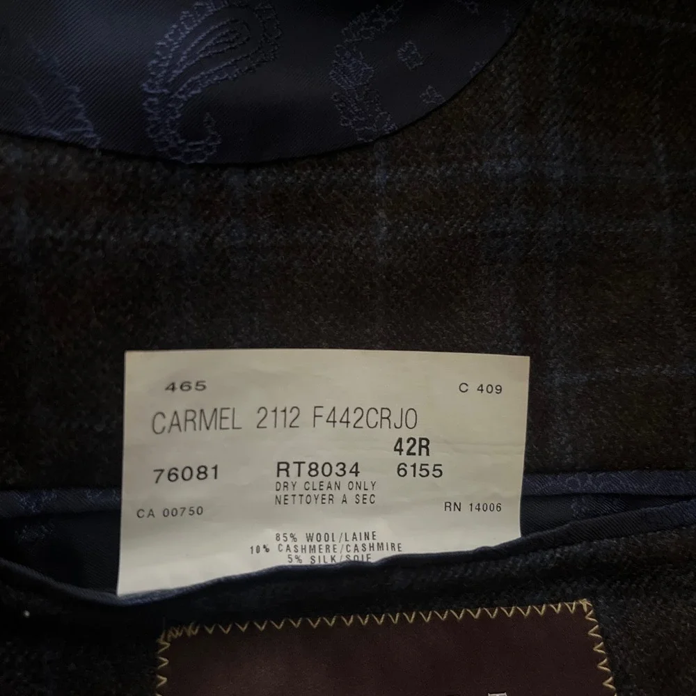 Robert Talbott Mens 42R Blazer Plaid Wool Cashmere Silk Sport Coat Charcoal Blue